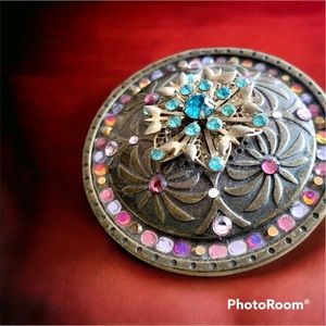 Belt buckle brass round rhinestones vintage brooch attached one of a kind